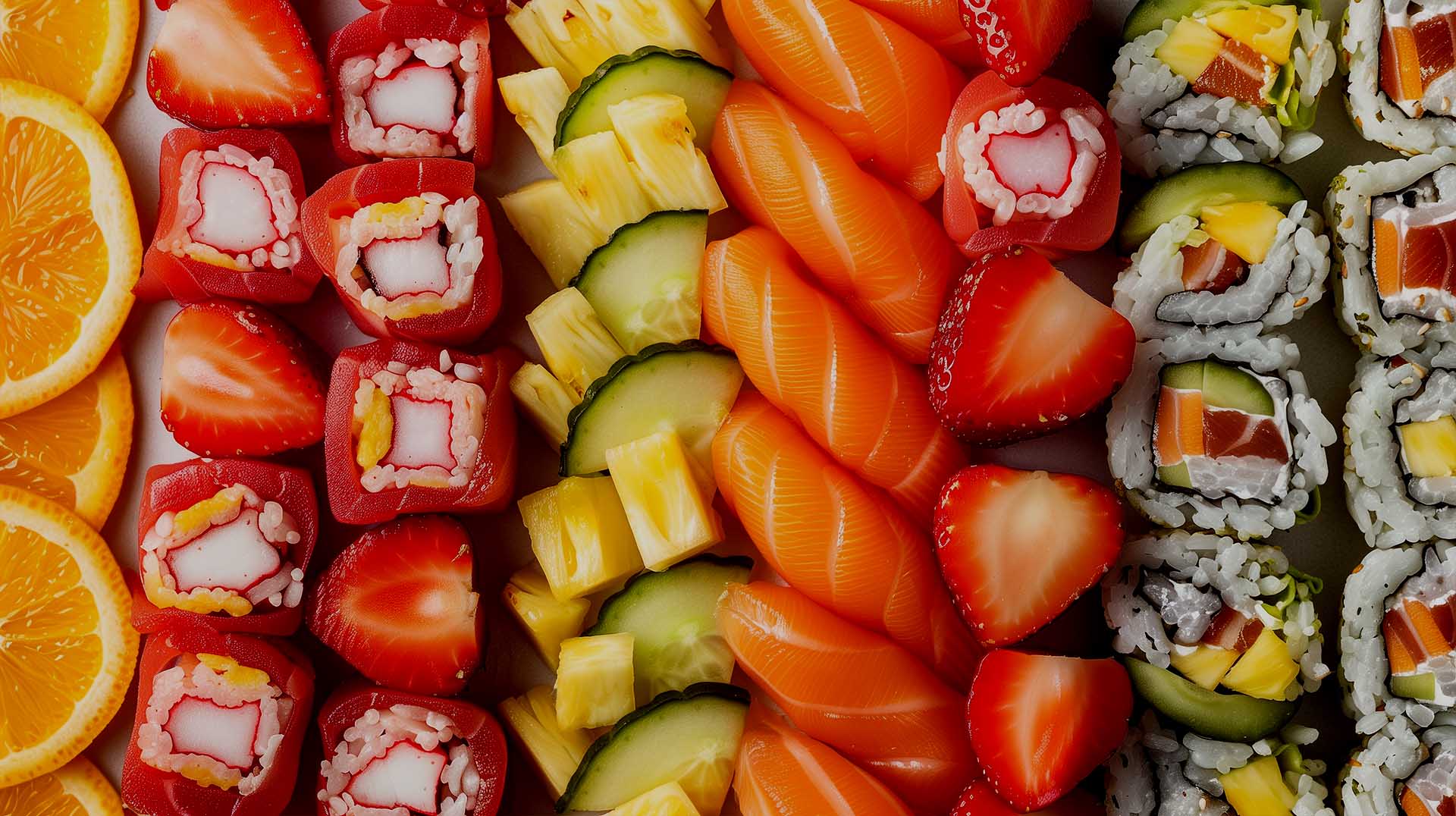 Overhead view of rows of fruit and sushi